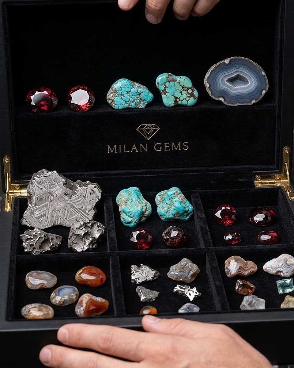 Un cofanetto campionario Milan Gems aperto con granati sfaccettati, pepite di turchese, una fetta di agata a bande, frammenti di meteorite e agate lucidate in scomparti di velluto nero